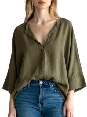 ba&sh Lexy Linen V-Neck Blouse Olive Green 3/4 Dolman Sleeve Relaxed/Summery - M